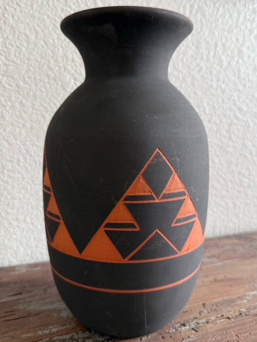 Vintage Sioux Pottery Vase, Signed Red Feather, Black & Terracotta Carved Design